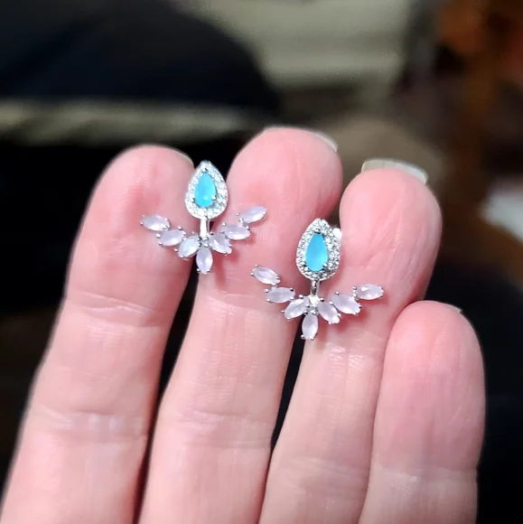 Pink & white Topaz & Aquamarine Sterling ornate earrings - Picture 3 of 7